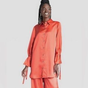 Sammy B x Target Orange long sleeve button up shirt dress with tie sleeves